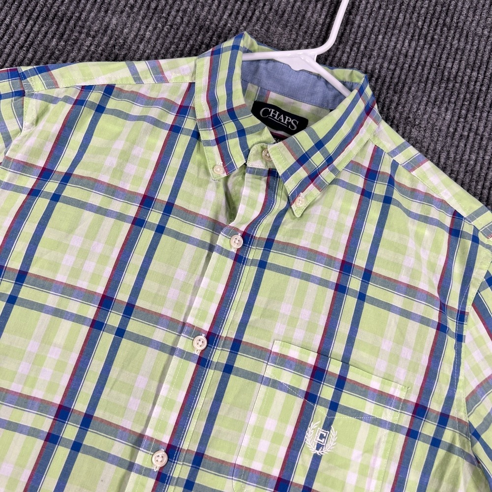 Chaps Shirt Mens Medium Green Plaid Short Sleeve Button‎ Up Preppy Lightweight